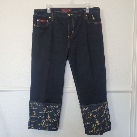 Vintage Baby Phat Cuffed Cropped Gold Logo Capri Pants Women’s Size 16 Jeans - Picture 1 of 16